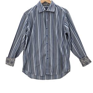 Robert Graham Mens M Blue White Gray Striped Button Up Long Sleeve Shirt